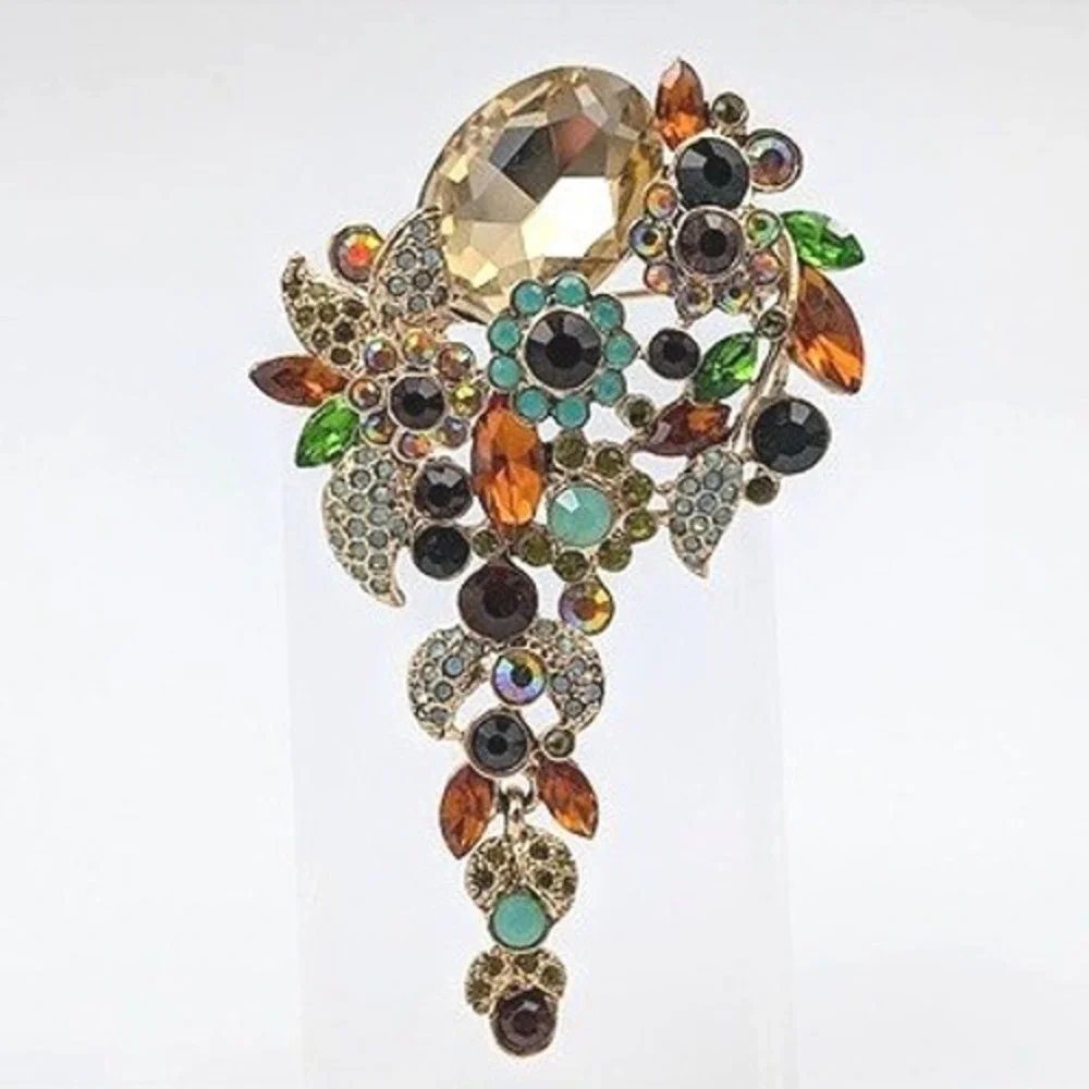 Botanical Rhinestone Brooch Pendant‎ Gold Tone Large Floral Garden Fairy Spring